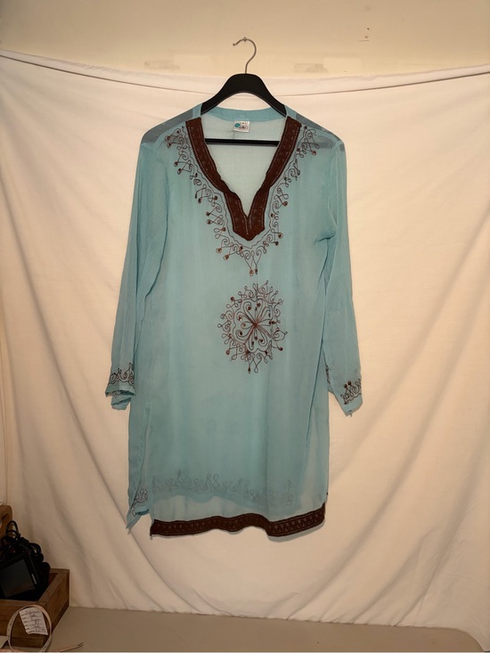 Alki'i Tops - Alkii  Light Blue Tunic w/Brown Embroidered V-Neck cover up size M